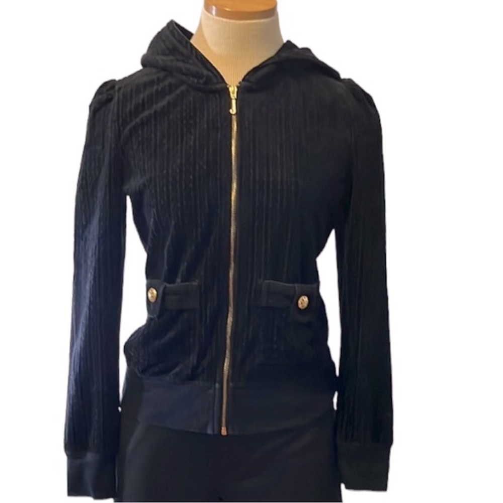 Juicy Couture Textured Velour Sweatshirt Zip Hoodie Jacket, Black, Medium